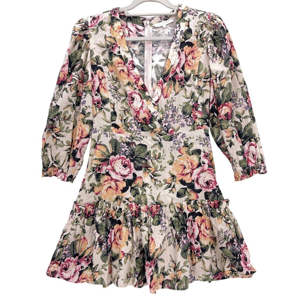Olivaceous Floral Linen Blend Mini Dress S Puff Sleeve Ruffle